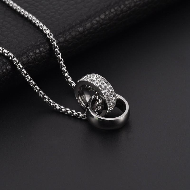 Stainless Steel Double Ring Pendant Necklace Men Hip Hop Style Long Chain With Crystal Charm Geometric Design