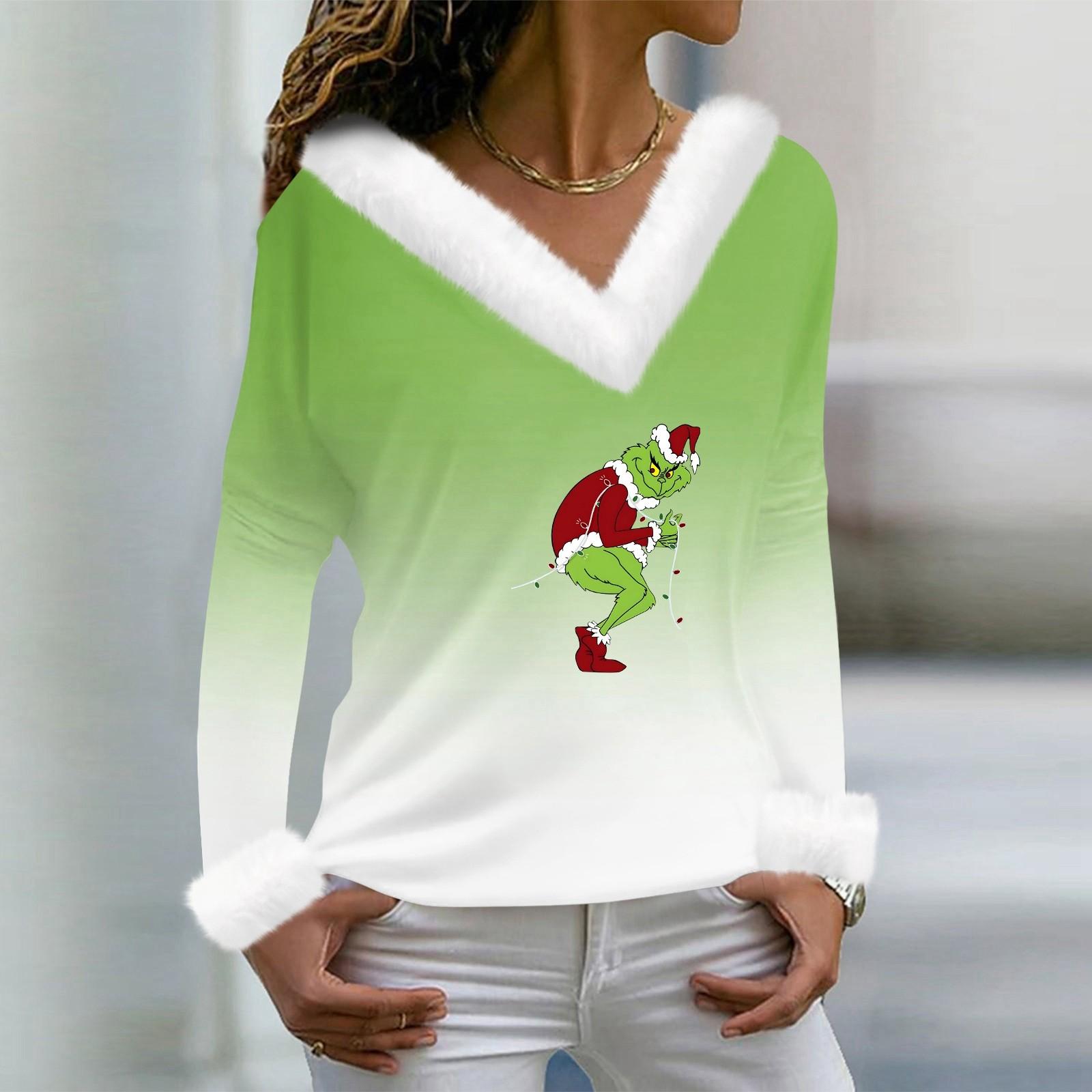 

Женская футболка, рождественская рубашка с длинным рукавом, вечерние, рождественский флисовый воротник, топ с v-образным вырезом M