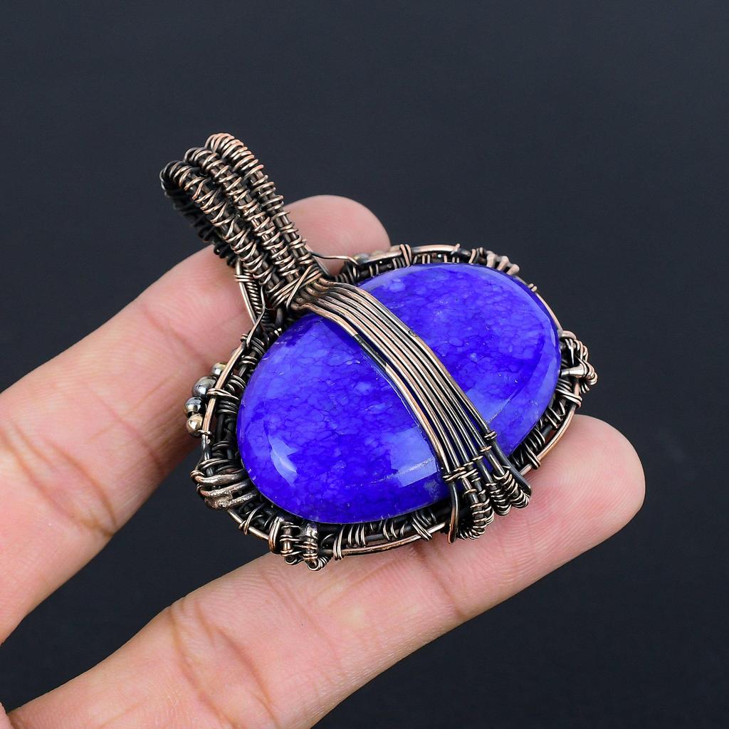 Pandantiv Lapis Lazuli Bijuterii cu Pietre Prețioase Lucrate Manual, Pandantiv Înfășurat în Sârmă de Cupru 999, Pandantiv Bijuterii cu Design Unic