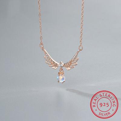 Collana da sposa con ciondolo a forma di ala d'angelo, di lusso, con ciondolo in pietra di luna e cristallo, in argento sterling 925, per donne.