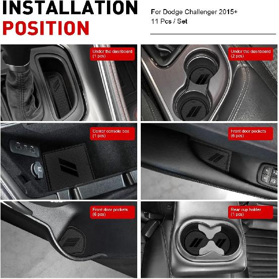 For Dodge Challenger Accessories 2015-2024  Fits Cup Holder Ert Anti-Dust Mats Door Pocket Center Console Liners(Black Trim) - 11 PCS Set