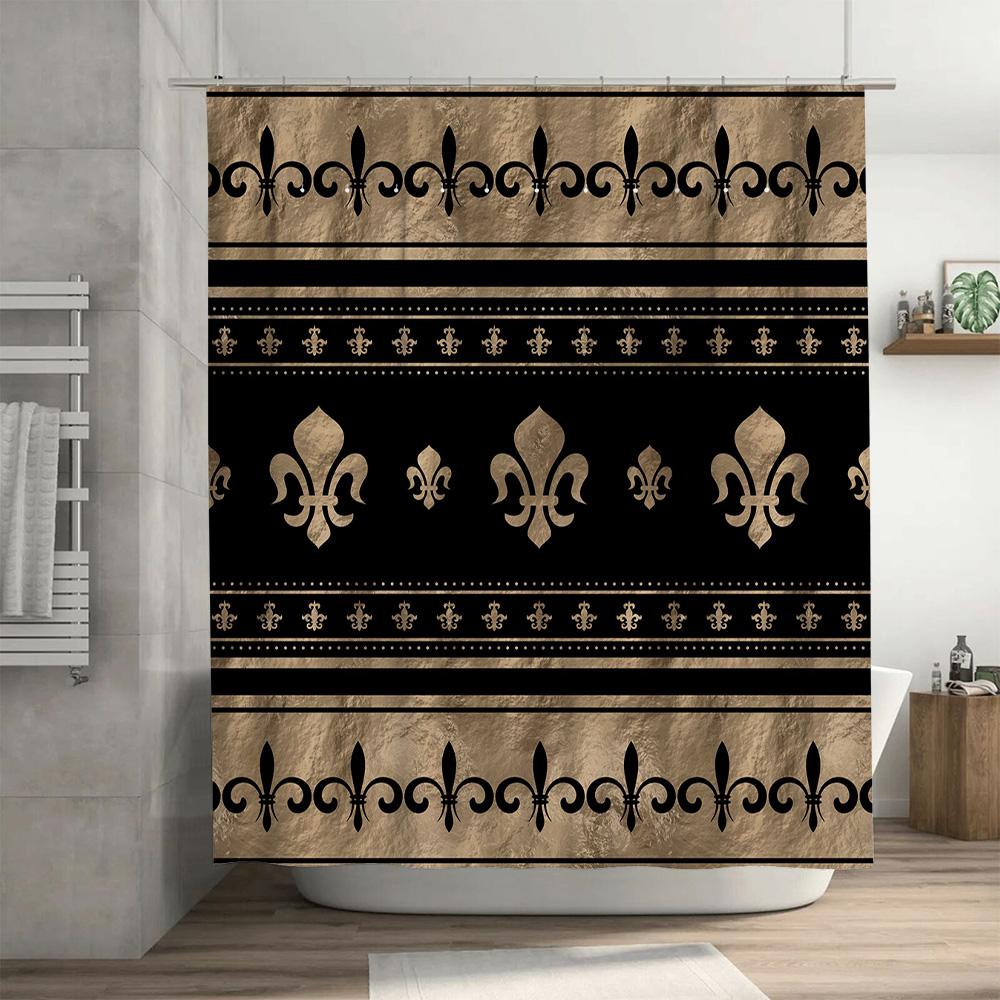Luxury Shower Curtain Set Vintage European Style Black Gold Floral Print Waterproof Washable Polyester Bathroom Decor Accessorie