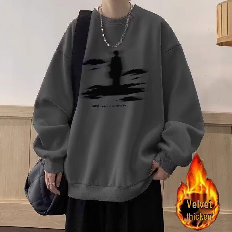 

Men s American Retro Fleece-Lined Round Neck Sweatshirt, Heavyweight Cotton Casual Loose Top for Autumn/Winter. XL