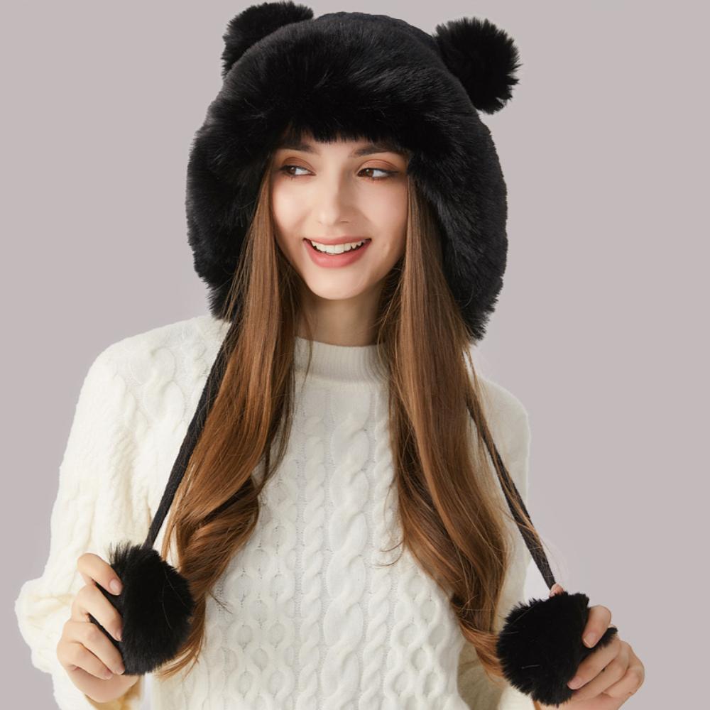 

Вязаная шапка с густым меховым воротником и витым меховым шариком, вязаная шапка для женщин, зимняя шерстяная шапка для отдыха на природе M（56-58cm） чёрный