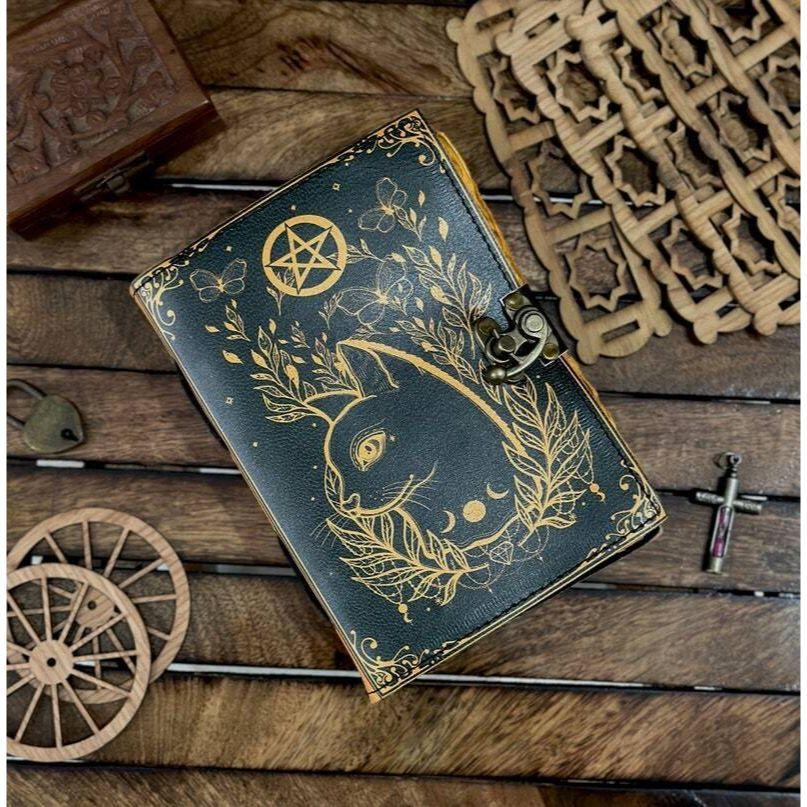 Grimoire journal Leather Print caltic cat journal Blank spell book of shadows