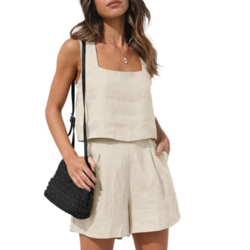 

Женский повседневный модный костюм из двух предметов, льняные шорты, топ без рукавов, жилет M бежевый