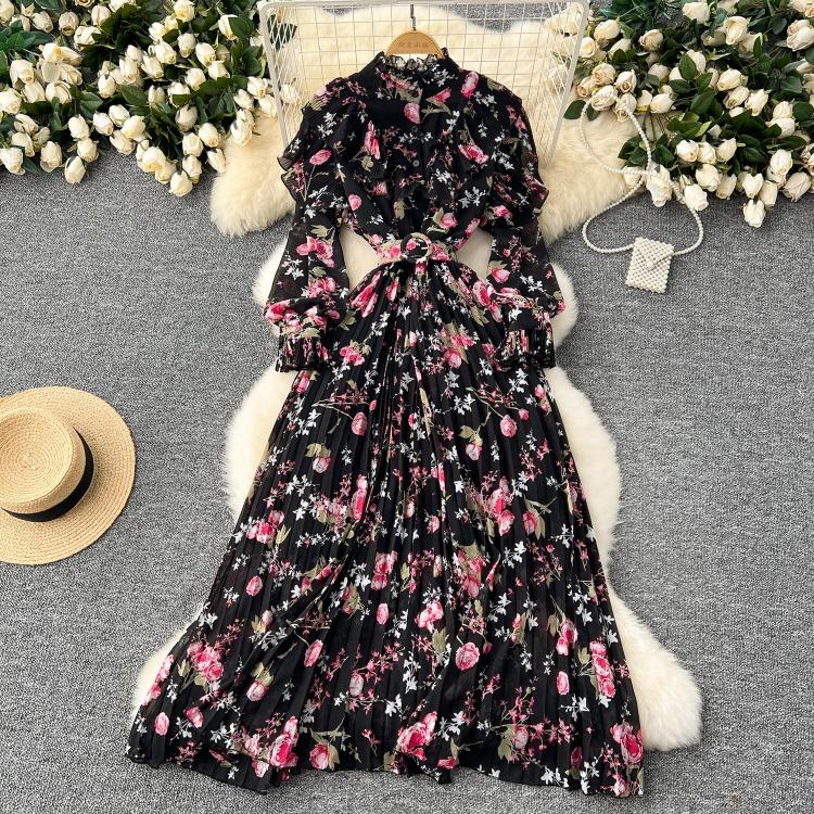 

Elegant Floral Print French Haute Couture Chiffon Dress Spring New Slim Waist Ruffled Pleated Long Dress One Size чёрный