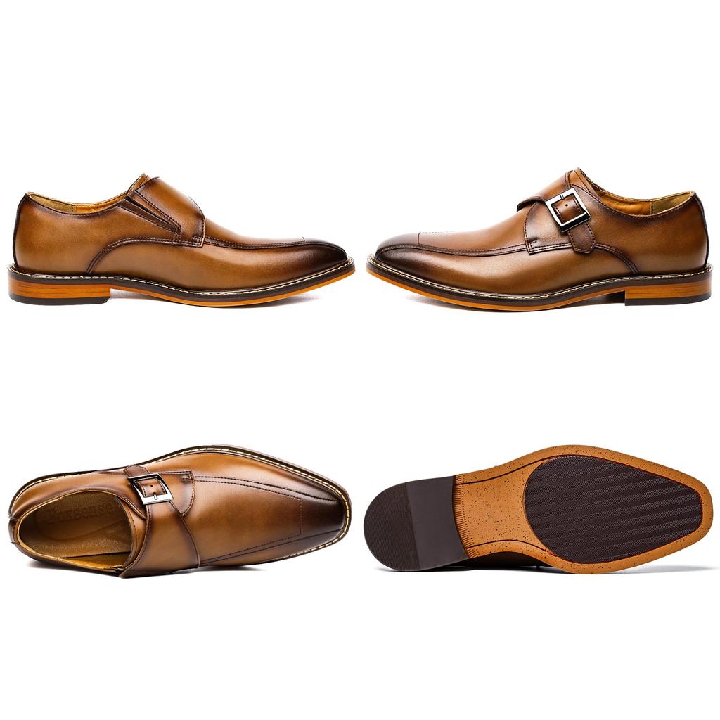 Foxsense Leather Dress Genuine Monk Straight Lightweight and Size Men's Shoes, Leather, Strap, Tip, Luxury, Waterproof, Formal, Brown, 26.5cm,