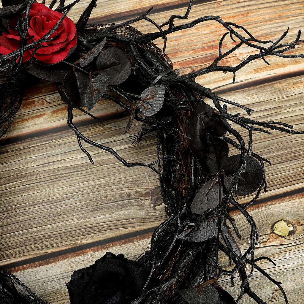 Spooky Flower Wreath for Front Door 17.7 Inch Artificial Black and Red Roses Wreath for Indoor Outdoor Holiday Party