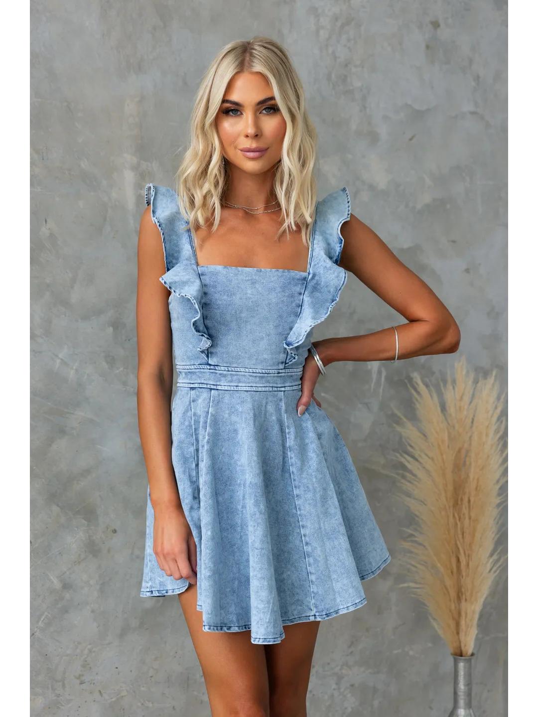 

European-American Women s Summer Fly Sleeve Backless Denim Dress S світло-синій колір