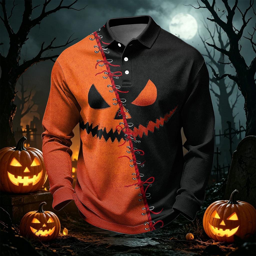Men's Quick Dry Mesh Golf Shirt Long Sleeve Halloween Print Performance Top