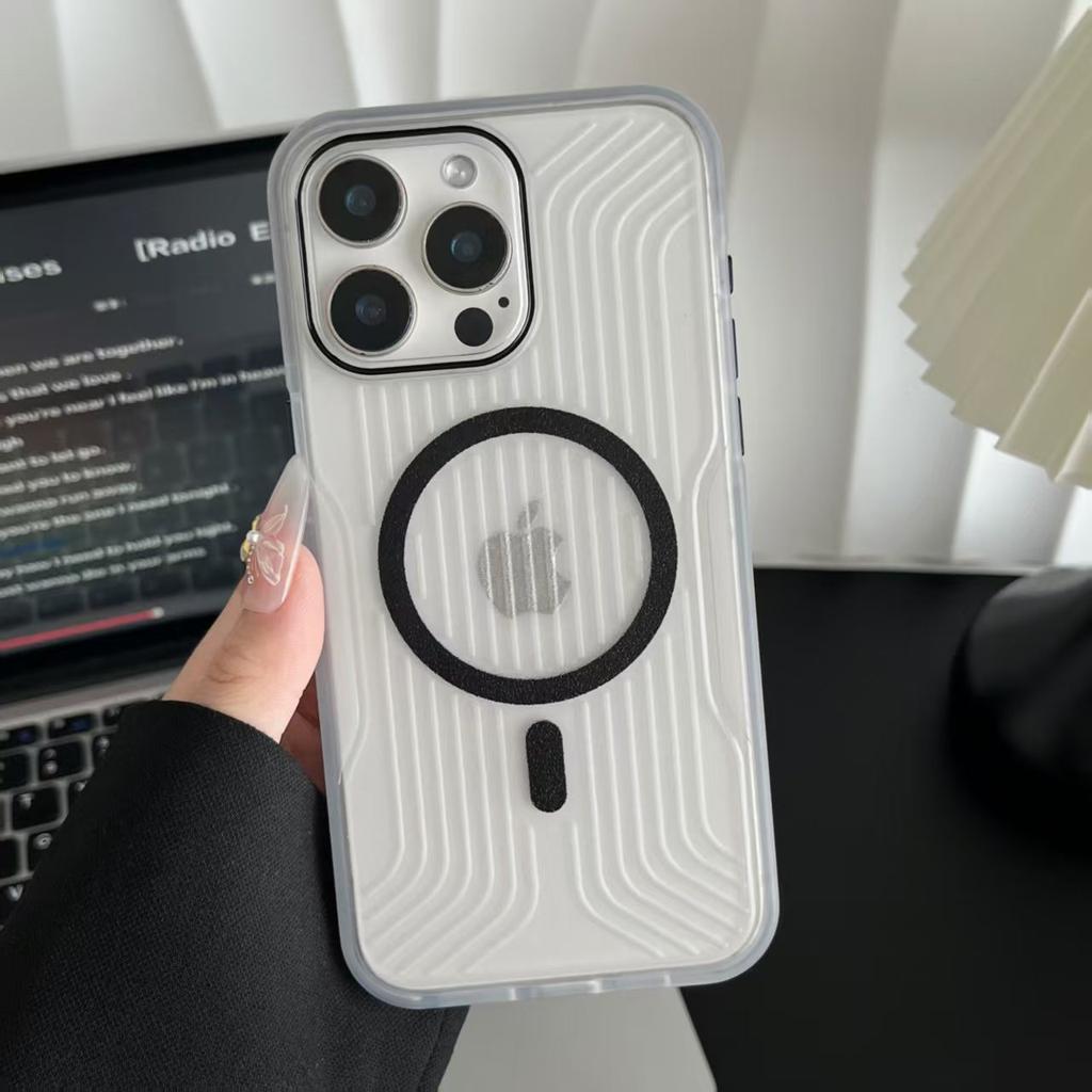 Semi-transparent Corrugated Anti-slip Frame Metal Button Magnetic Suction Phone Case Suitable for IPhone16Pro Anti-fall 15/14