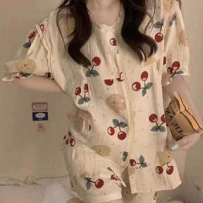 Conjunto de Pijama de Dos Piezas para Niñas de Encaje Verano Coreano Mangas Cortas Pantalones Cortos Florales Dulce Ropa de Casa para Mujer