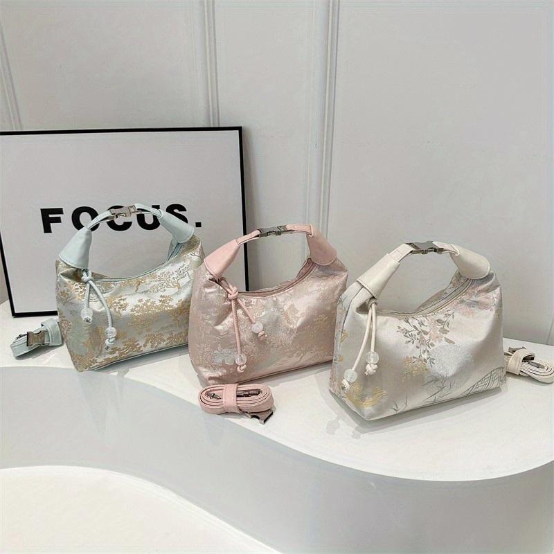 Sweet Embroidery Shoulder Bag Nylon Texture Beads Pendant Crossbody Bag Small Bucket Handbag Women Girl