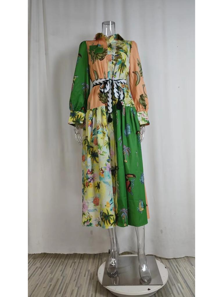 Europäisches und amerikanisches Damenmode-Kleid mit langem, bedrucktem Laternenärmeln, V-Ausschnitt, Taillenbindung, Umlegekragen, langen Ärmeln