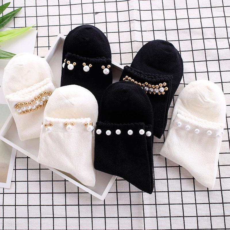 Black/White Korean Reto Pearl Socks Women Elastic Cotton Handmade Meias Creative Socks Harajuku Calcetines Mujer