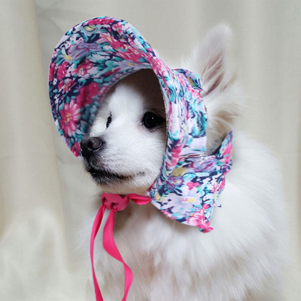 Dog Hat with Ear Holes for Outdoor Sun Protection Floral Dog Cap Female Summer Pet Visor Sunbonnet Adjustable for Girl Puppies