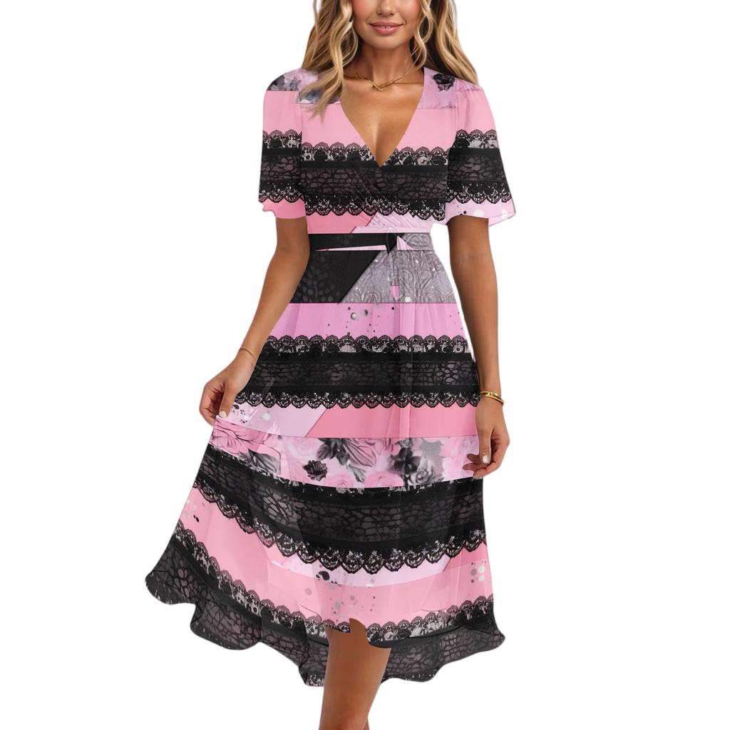 Women V Neck Short Sleeve Casual Dress Vintage Floral Print Midi Dress with Wrap Style and Flared Hem Suitable for Daily Wear
