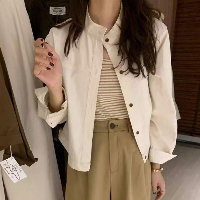 Women's Solid Color Cargo Jacket Korean Style Casual Short Length Long Sleeve Outerwear for Autumn