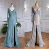 Blue Elegant Long Sleeve Evening Dress Celebrity Banquet Host Playing Split Harpoon Tail Dress LA11191