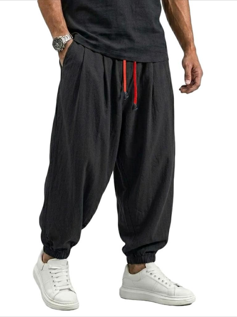 Men's Olive Green Loose Fit Jogger Pants with Contrast Red Drawstring & Cuffed Ankles - Casual Streetwear