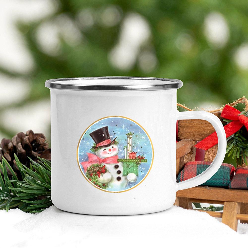 Snowman Printed Mug Enamel Coffee Milk Juice Cup white Handle Wine Beer Mugs Banquet Table Decorations Winter Christmas Eve Gift