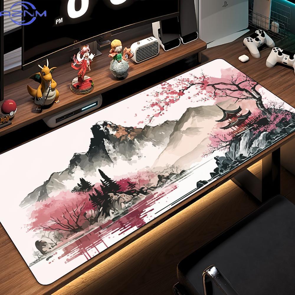 Ink Wash Style Cherry Blossom Pagoda Scenery Large Mouse Pad Desk Mat Pc Accessories Gaming Pad Office Rug Mouse Carpet Mousemat