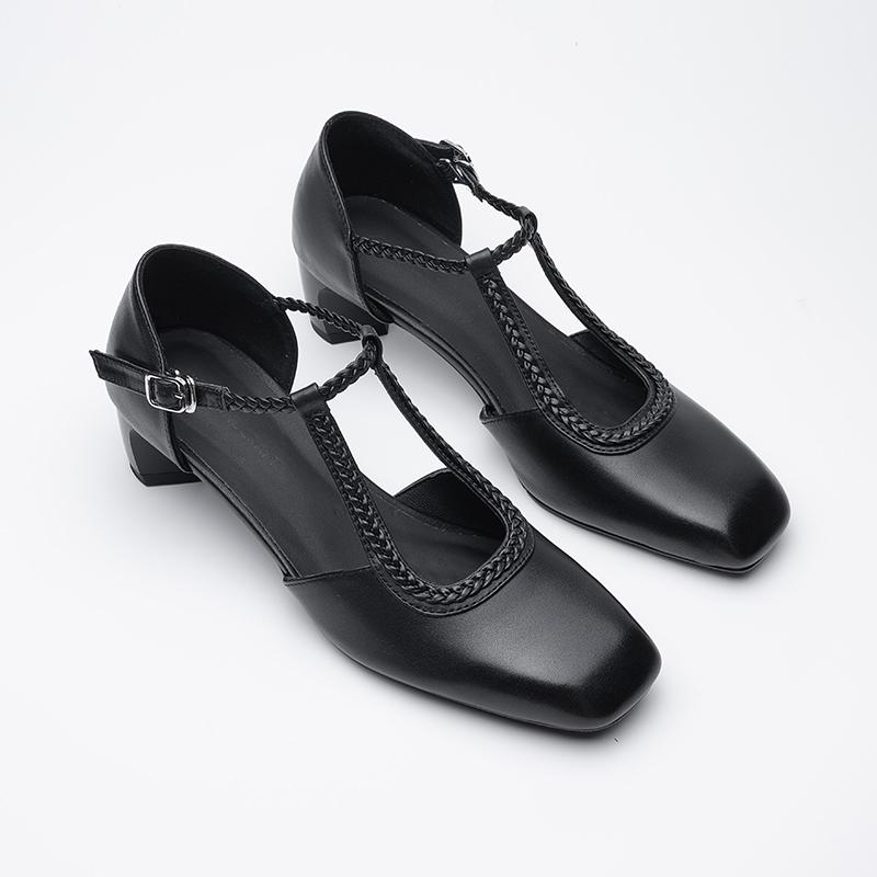 

Fashion Fashion Women Genuine Leather Thick Heels Pumps Slingbacks 2025 Summer Shoes Square Toe Leather Party Wedding Shoes Woman Pumps 40 чёрный