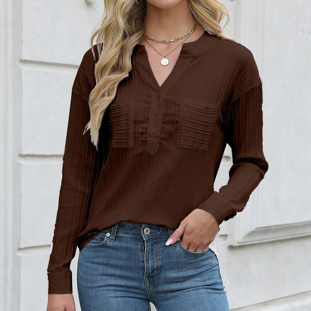 

Женская Повседневная Элегантная Блузка с V-образным Вырезом, Однотонная, Рукав Три Четверти, Женская, На Пуговицах, Плиссированная, Нагрудный Карман, В Полоску, Женские Топы XL темно-коричневого