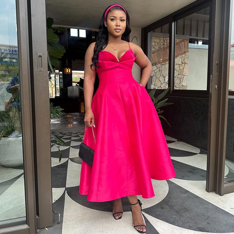 

Сексуальное платье-трапеция с высокой талией для европейских и американских женщин, розово-красное, на подтяжках, новинка 2025 года Large розы красного