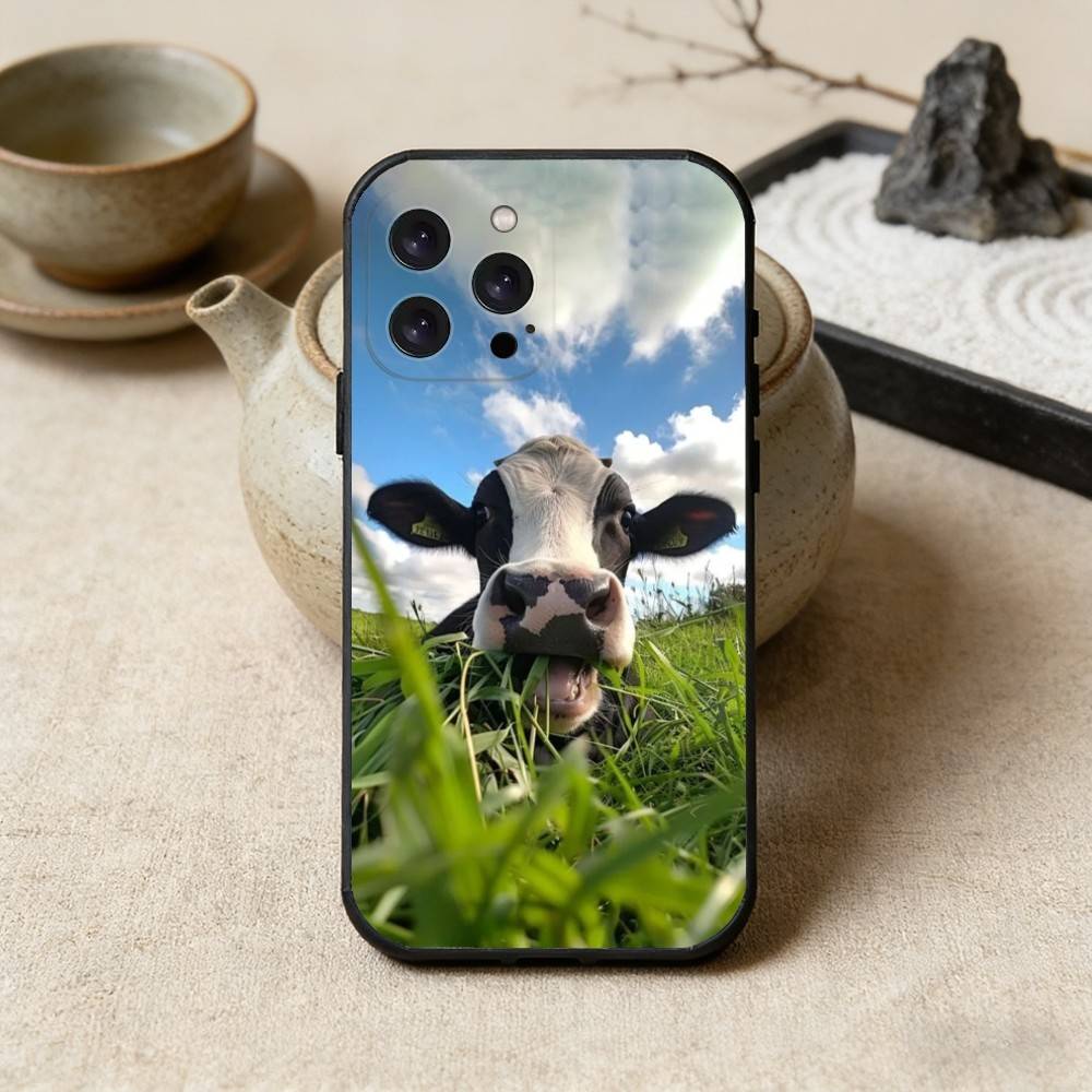 Lovely Cute Cow Cows OX Phone Case For iPhone17,16,15,14,13,12 Plus,Max Soft Silicone Black Cover
