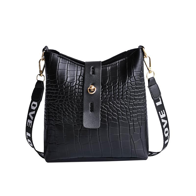 Crocodile pattern bucket shoulder crossbody women's bag versatile trend stone pattern buckle niche bag