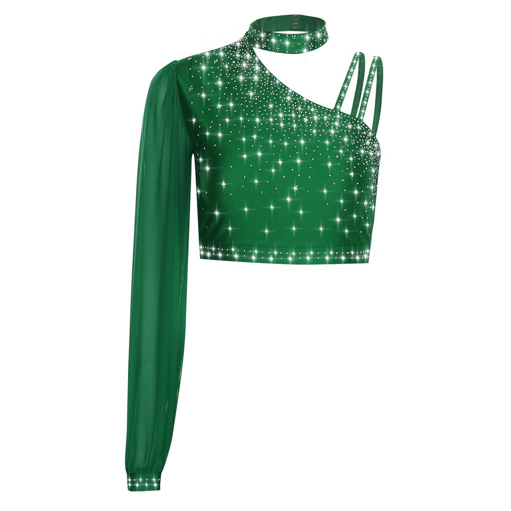 Damen Zeitgenössischer Tanz Top Asymmetrisch Transparentes Mesh Langarm Buntes Strass Crop Top