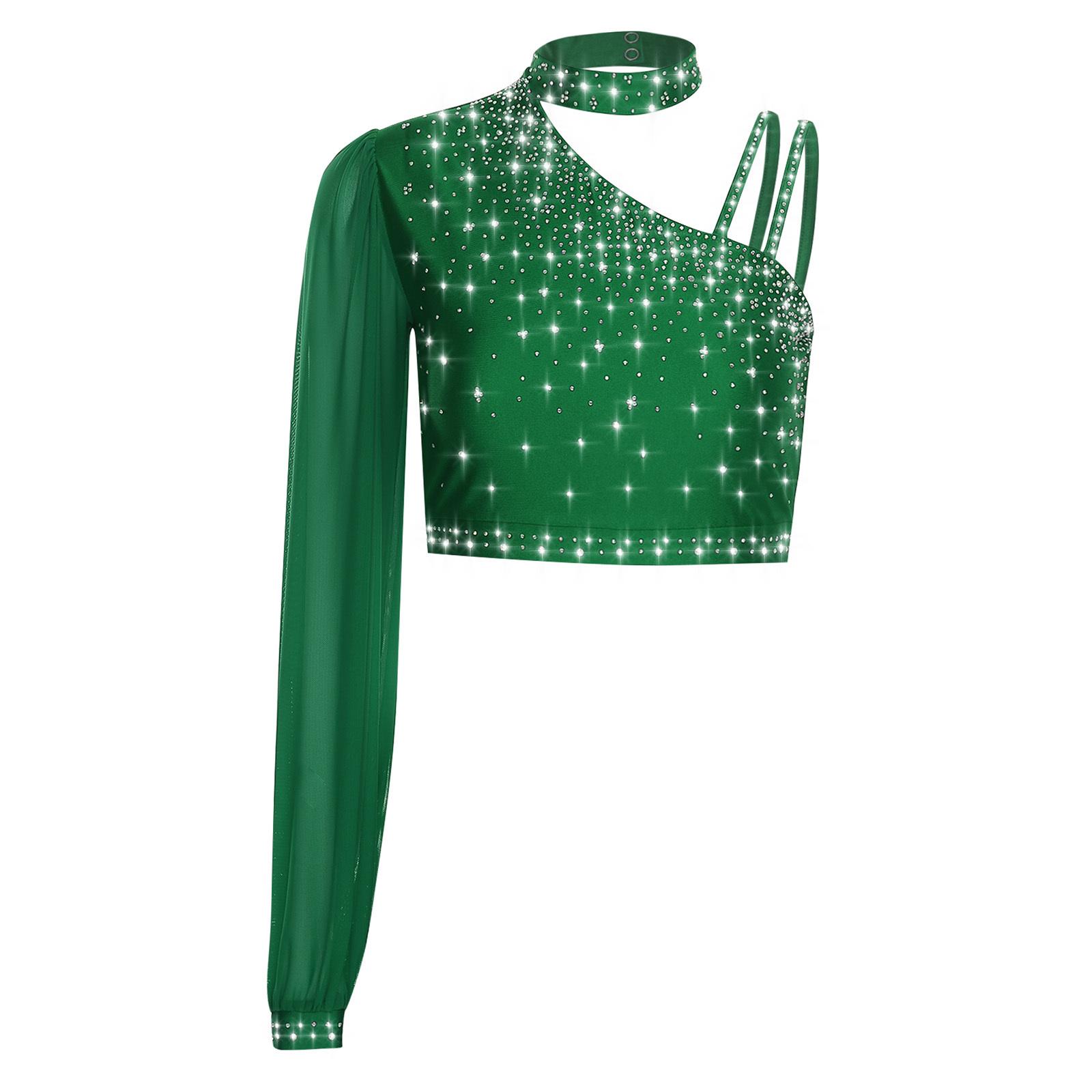 

Women Contemporary Lyrical Dance Costume Asymmetrical Sheer Mesh Long Sleeve Shiny Rhinestone Crop Top S зелений