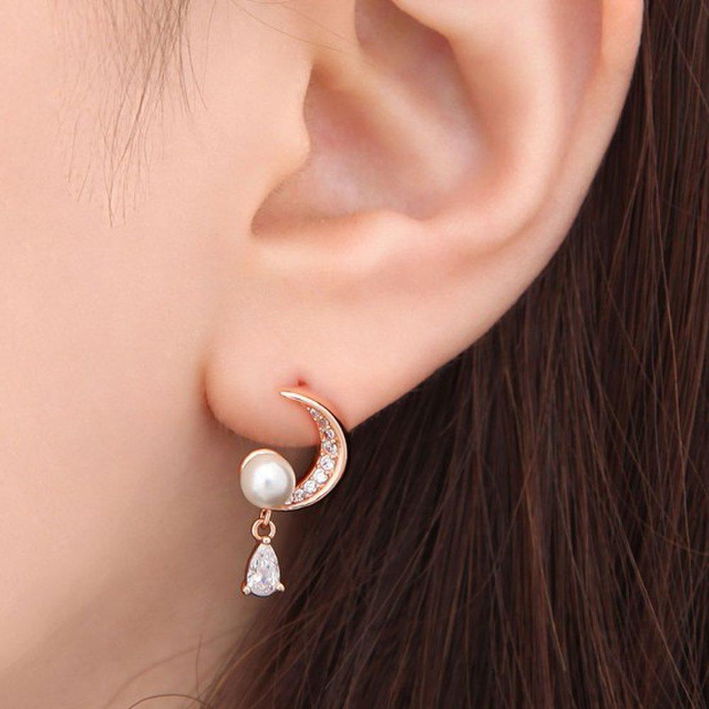 [] 14K Gold Filled Pin Earrings Pearl Moon Women's Daily Simple Cubic Pearl Moon Drop Pin Earrings