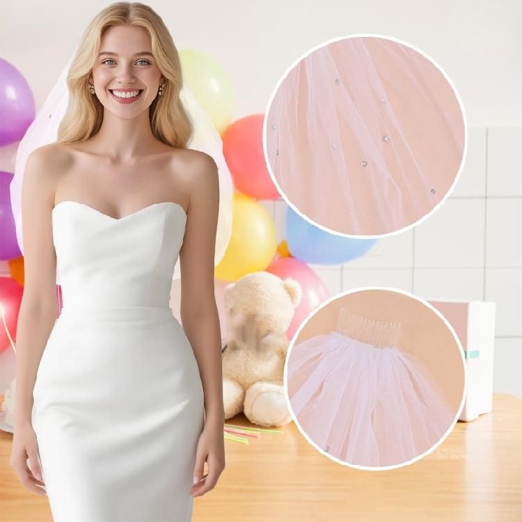 Delicate Rhinestones Wedding Veil Double Layer Crystal Design Soft Mesh Fabric Comfortable Bride Headpiece