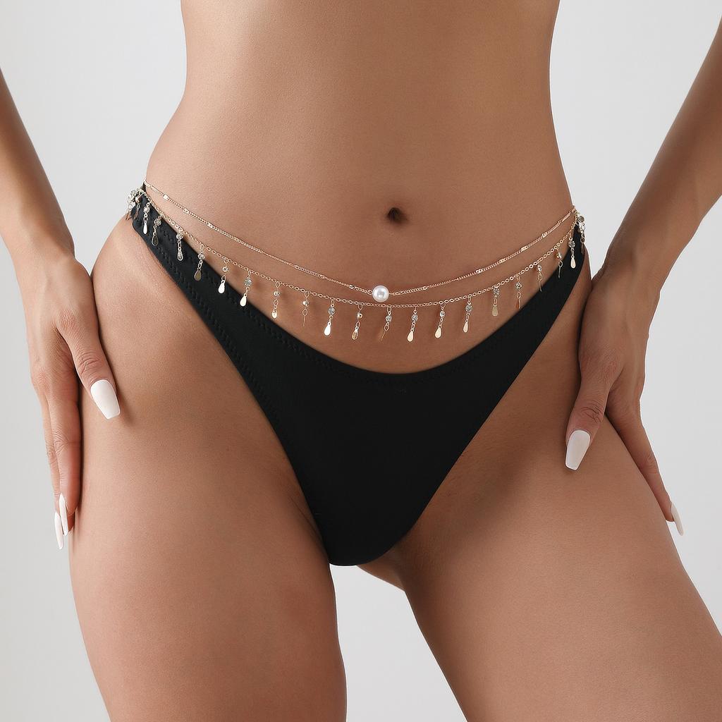 Europe, America, Simple Rhinestone Water Drop Fringed Single-layer Waist Chain for Women, Sexy Beach Bikini Body Chain