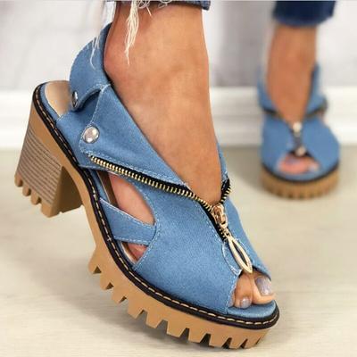 Balık Ağzı Yüksek topuklu Sandalet Kadın Kalın Ön Fermuar Çok Yönlü Moda Denim Ayakkabı Burnu açık Roman kadın ayakkabısı