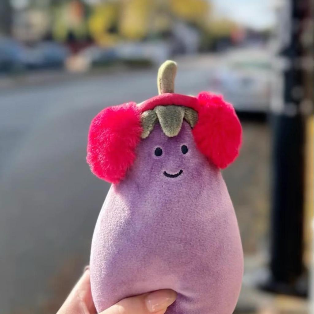 UK Jellycat Aubergine Plüsch Schlüsselanhänger mit roten und gelben Ohrenschützern