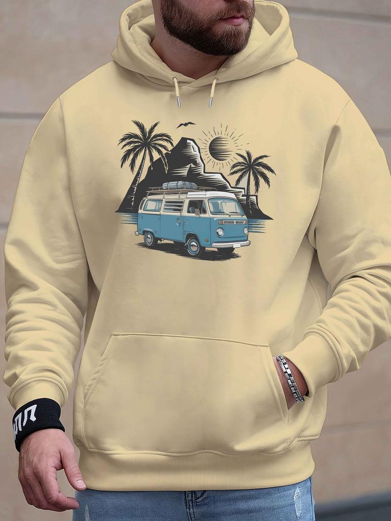 Stylish Kids Hip Hop Sports Hooded Sweatshirt, Retro Bus Island Scene Graphic, Loose Drawstring Pullover For Boys Street Wear