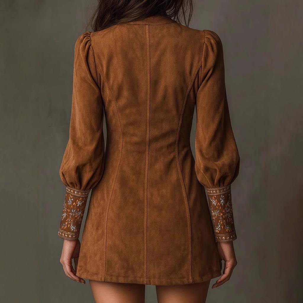 New Fashion Long-sleeved V-neck Sexy Dress Casual Women's Embroidery Dress