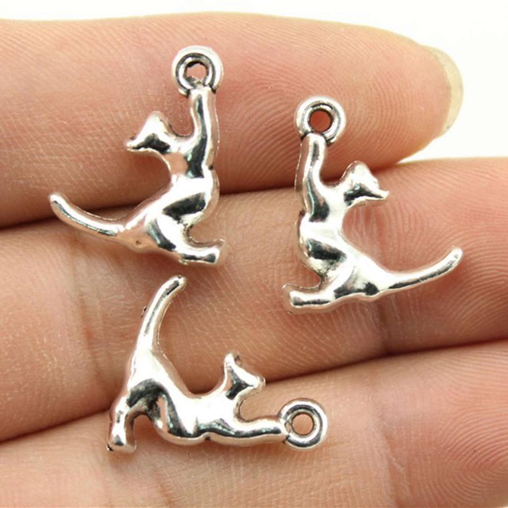 10pcs Charms Cat Antique Silver Color Cute Cat Pendant Charms Kawaii Cat Charms For Jewelry Making