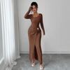 Autumn Winter Irregular Neckline Solid Color Knit Texture Maxi Dress Women Mature Style French Retro Patchwork Slim Sexy Elegant Women Maxi Dress