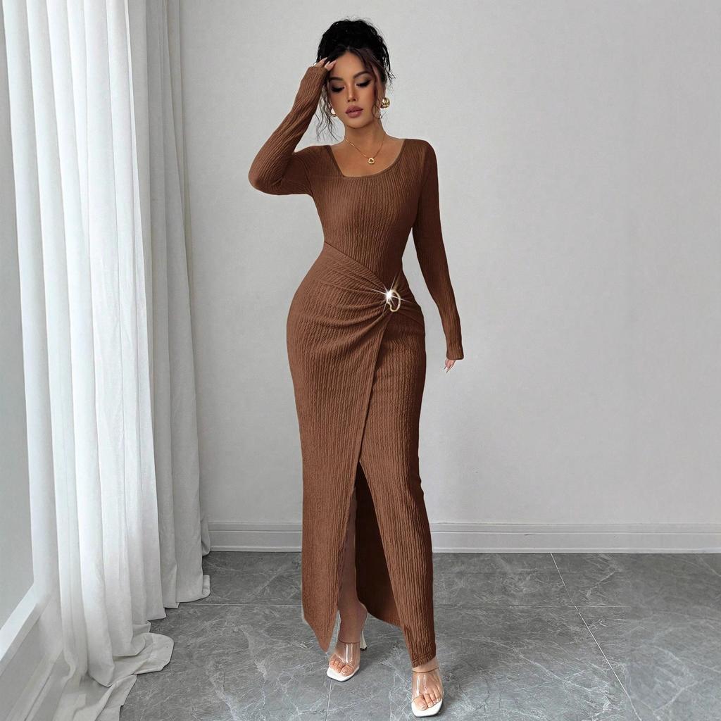 Autumn Winter Irregular Neckline Solid Color Knit Texture Maxi Dress Women Mature Style French Retro Patchwork Slim Sexy Elegant Women Maxi Dress