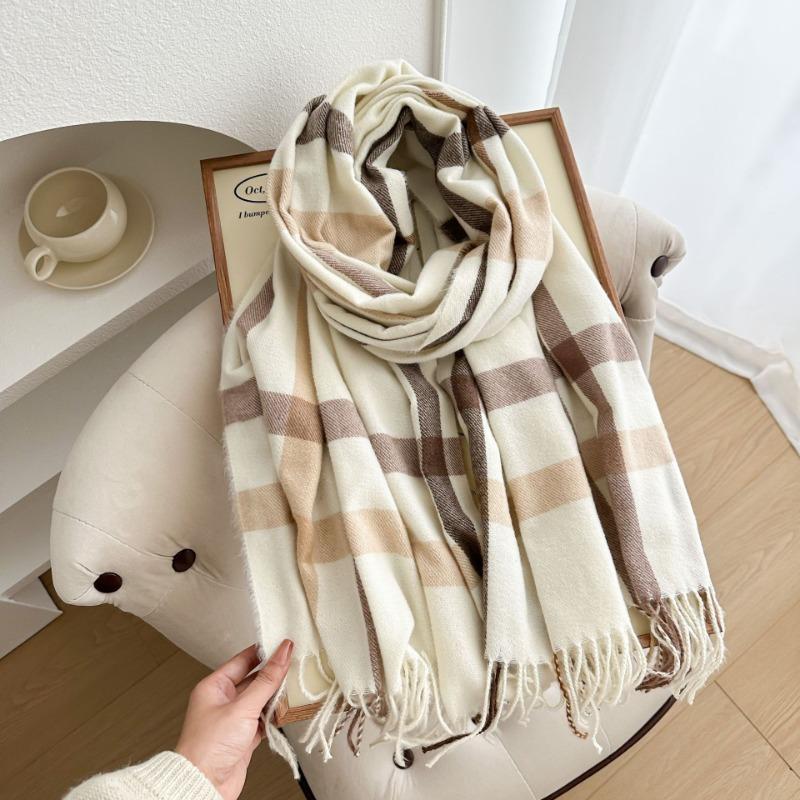 Thickened plaid scarf autumn and winter imitation cashmere women's scarf warm color matching striped tassel send girlfriend shawl