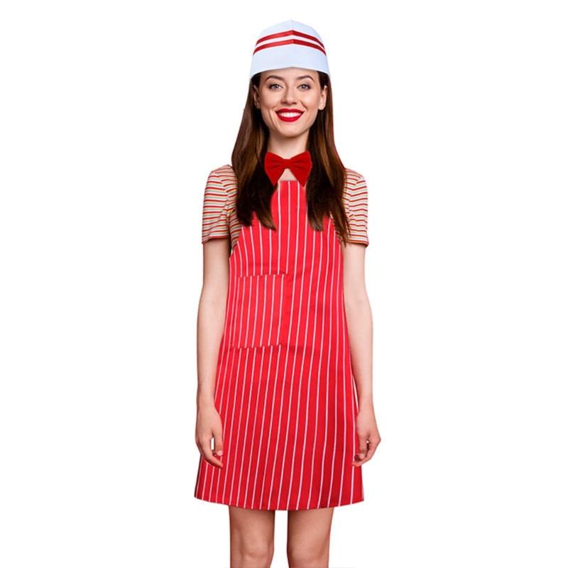 1950s Adult Waiter Costume Kits Waitress Costume Carnivals Hot Dogs Sodas Jerk Costumes with Stripe Apron,Caps Bowtie