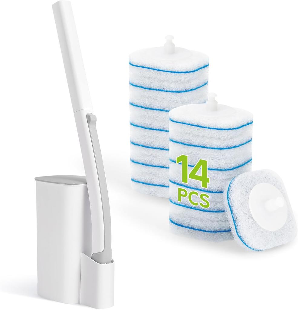 Disposable Toilet Bowl Cleaner Wand with 14 Refills, Toilet Brush Set with Holder, Bathroom Cleaning Kit