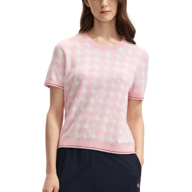 FILA Houndstooth Print Round Neck Short Sleeve T-Shirt Women Tops Raspberry-Pink F11W431402F-LP
