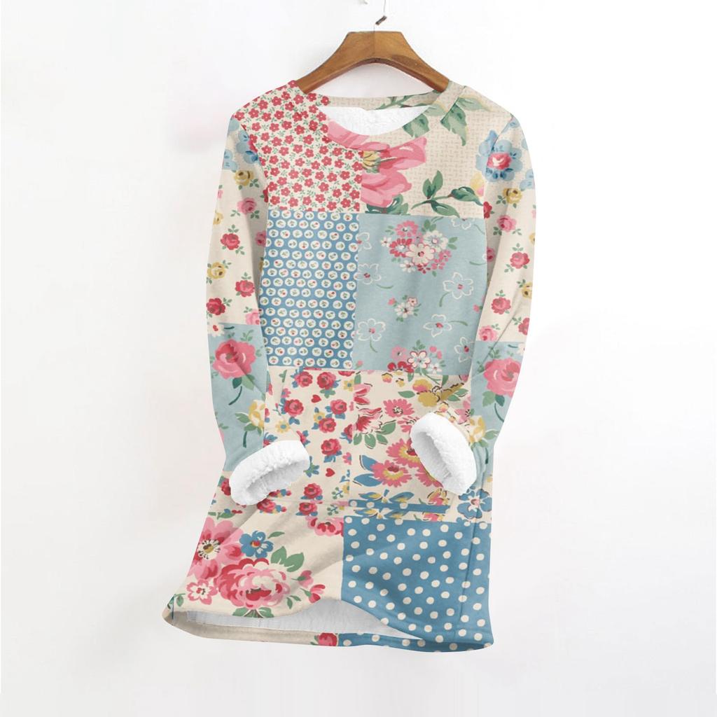 Women's Fashionable Printed Round Neck Long Sleeved Plush Warm Pullover Top
