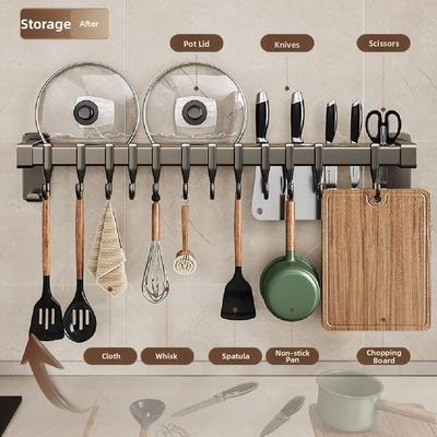 Wall Mounted Pot Lid Rack Double Pole Spatula Storage Rack  Tool Organization